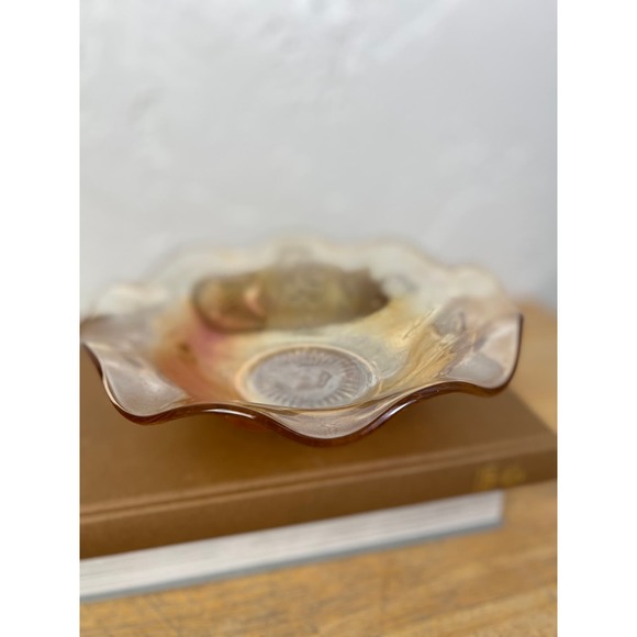 Vintage Marigold Depression Glass Iris & Herringbone Jeannette Ruffled Bowl - Picture 2 of 10